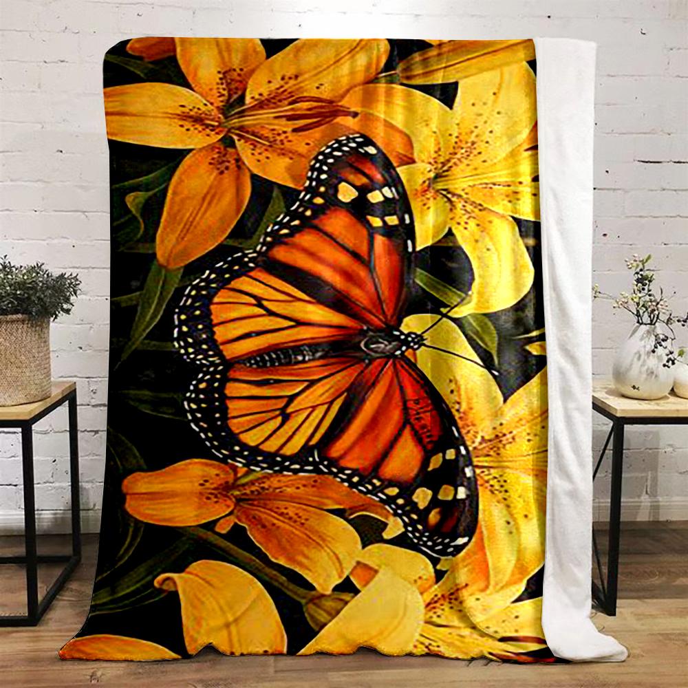 Monarch Butterfly on Yellow Lilies Flannel blanket for bedroom living room sofa and nap