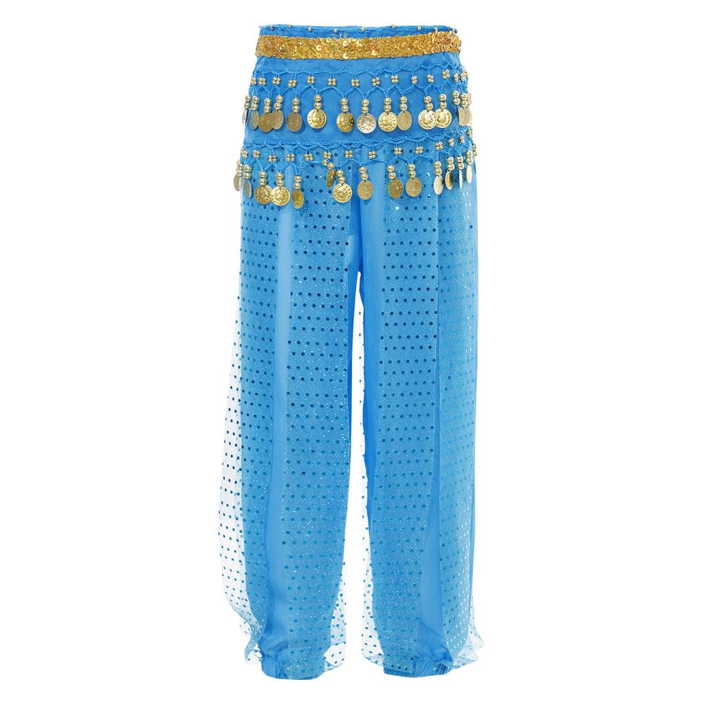 Girls Elegant Belly Dance Pants Sequin Embellished Chiffon Fabric Elastic Waist Beaded Tassels Performance Wear