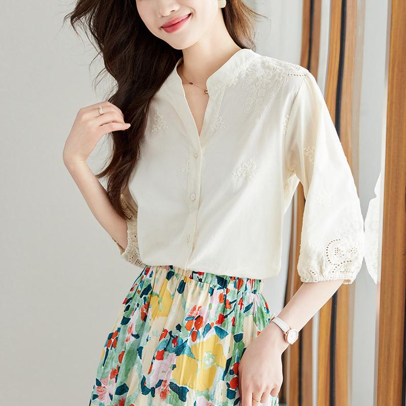 V-neck Embroidered Hollow Apricot Shirt for Women In Three-quarter Sleeve Summer New Commuter Temperament Pure Cotton Top
