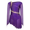 Girls Mesh Long Sleeves Strappy Back Shiny Rhinestones Asymmetrical Figure Skating Dress Built-in Briefs Dancewear