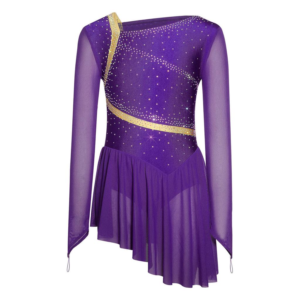 Girls Mesh Long Sleeves Strappy Back Shiny Rhinestones Asymmetrical Figure Skating Dress Built-in Briefs Dancewear