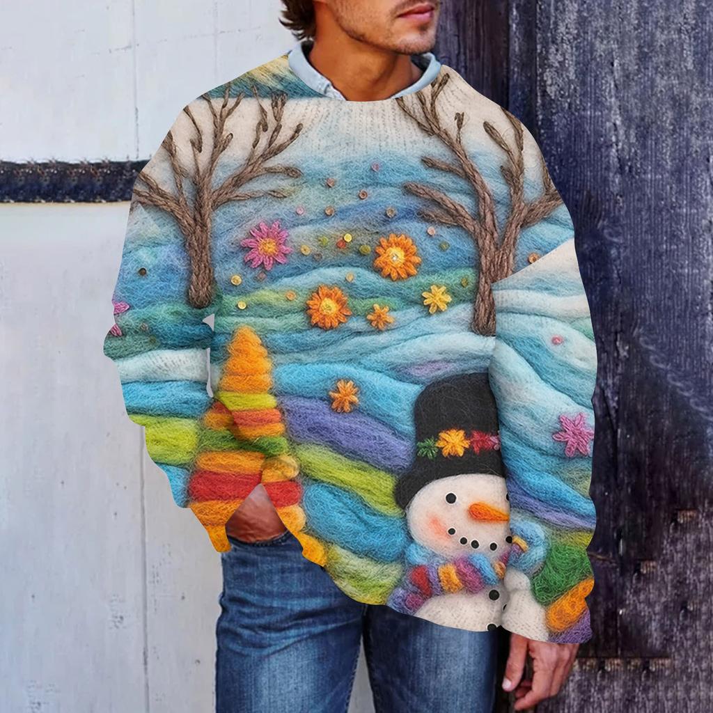 Men's Christmas Print Faux Sweater, Crewneck Sweatshirt, Loose Long-sleeved Top