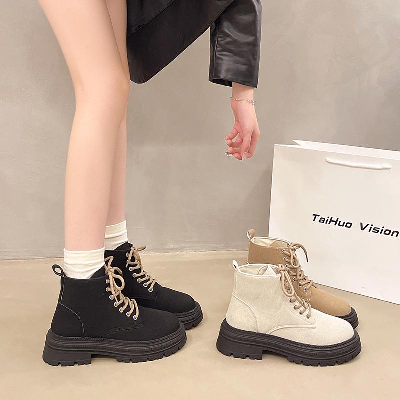 Женские ботинки 2024 Осень Новые Кожа Замша Массивные Женские Короткие Ботинки Британский Стиль Женские Мотоциклетные Ботинки Размер36-42