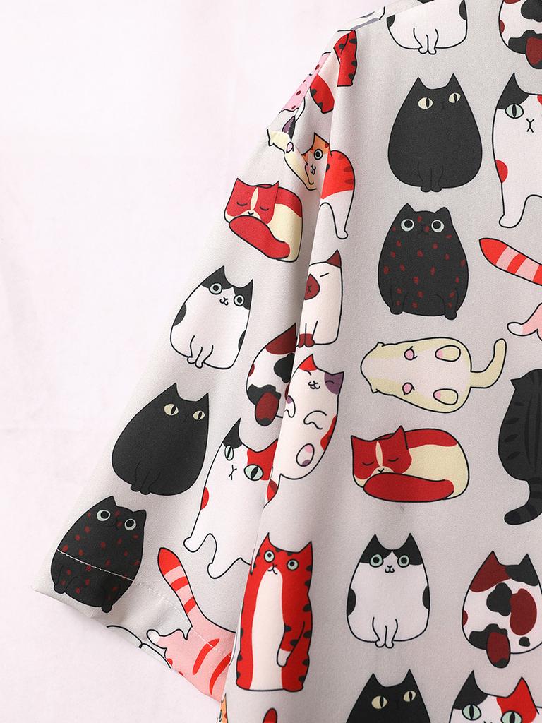 Негабаритные свободные короткие рукава с мультяшным котом и принтом Гавайи, пляжные летние мужские рубашки, студенческие пары, модная повседневная мужская одежда, тенденции