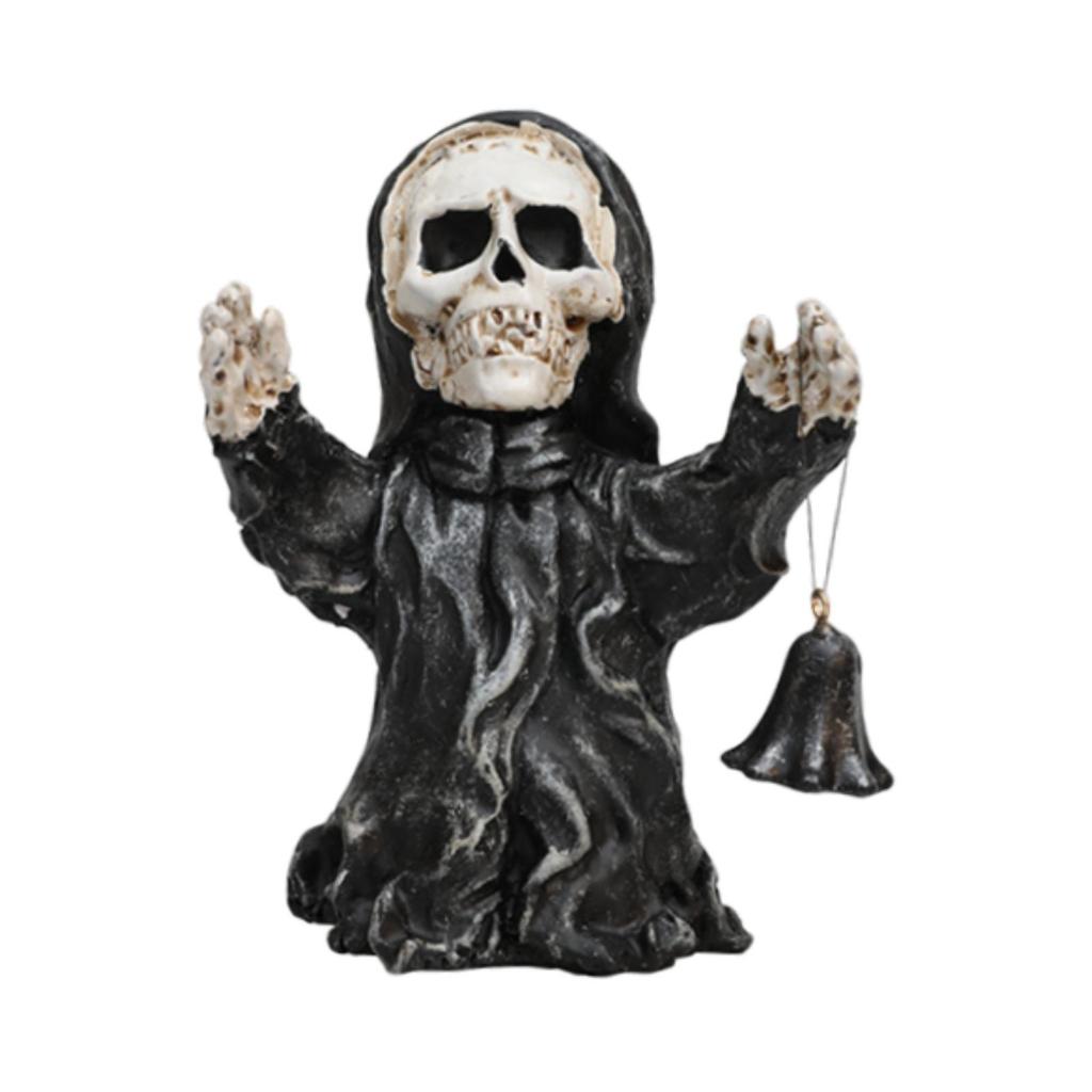 Halloween Skull Statue Holding Bell Figure Bookshelf Desktop Evil Resin Figurine