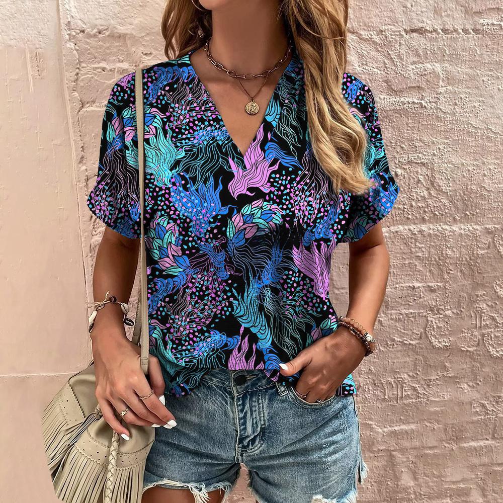 Retro Print Women's T Shirt Classic Floral Tees For Ladies Summer V-Neck Short Sleeve Tops Female Oversized Clothes Daily Blouse