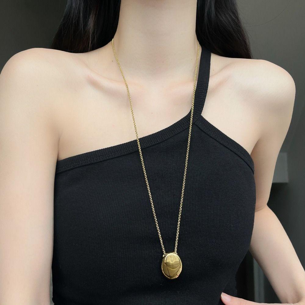 Large Oval Long Sweater Chain Metal Smooth Glossy Droplet Pendant  Autumn Winter