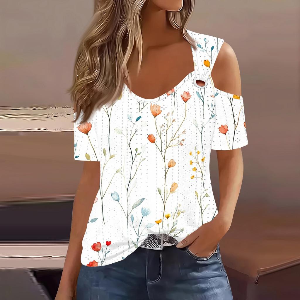 Sexy Cold Sholuder Tops For Women Summer Hollow Out Eyelet Short Sleeve Blouse Loose V Neck Tshirt Trendy Casual Tunics