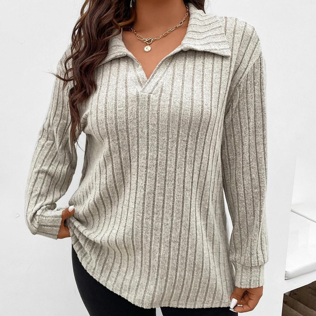 Осенние и зимние модели однотонной свободной женской блузки большого размера с V-образными лацканами и длинными рукавами в полоску с начесом