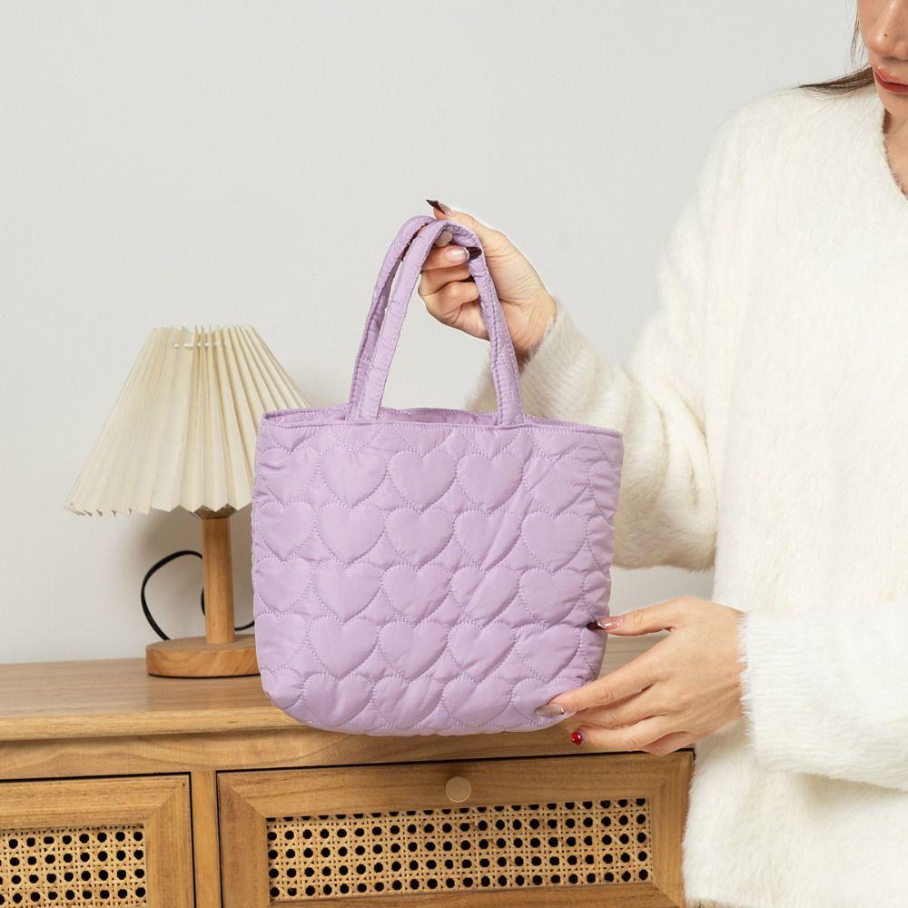 Solid Color Quilted Love Handbag Korean Lovely Lunch Bag Japanese Puffer Tote Bag  Travel