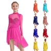 Girls Figure Skating Dress Mesh Long Sleeves Mock Neck Keyhole Back Shiny Rhinestones Irregular Hem Leotards