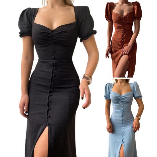 Платье женское летнее однотонное с пышными короткими рукавами, сборками, однобортное, с разрезом по подолу