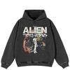 Уличная одежда ALIEN Графический Пуловер Унисекс Оверсайз Худи Черного цвета с эффектом стирки и боковыми карманами