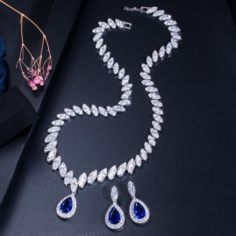 CMM 2PCS Engagement Water Drop Cubic Zirconia Pendant Necklace Set Earrings