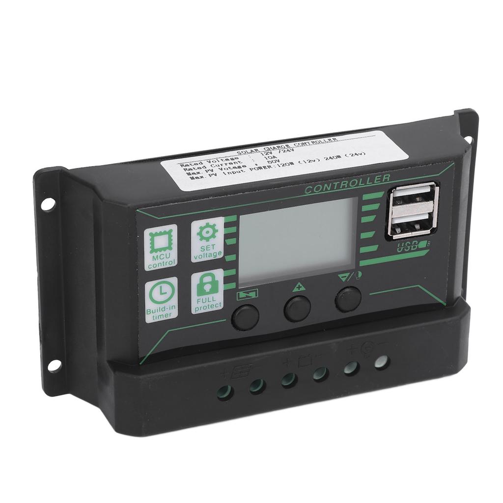Solar Charge Controller 12V 24V 10A LCD Display Dual USB Port Multiple Guard Solar Panel Regulator for RV Car Boat