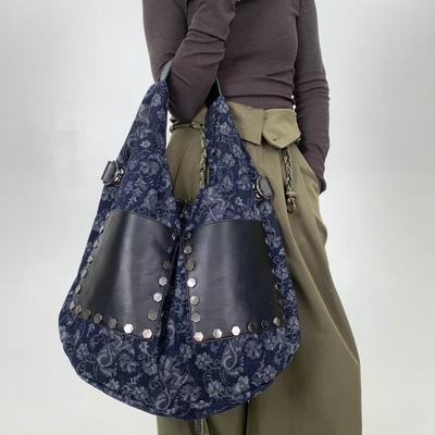 Женская модная ретро джинсовая сумка-ведро большой вместимости с заклепками и вставками, сумка через плечо