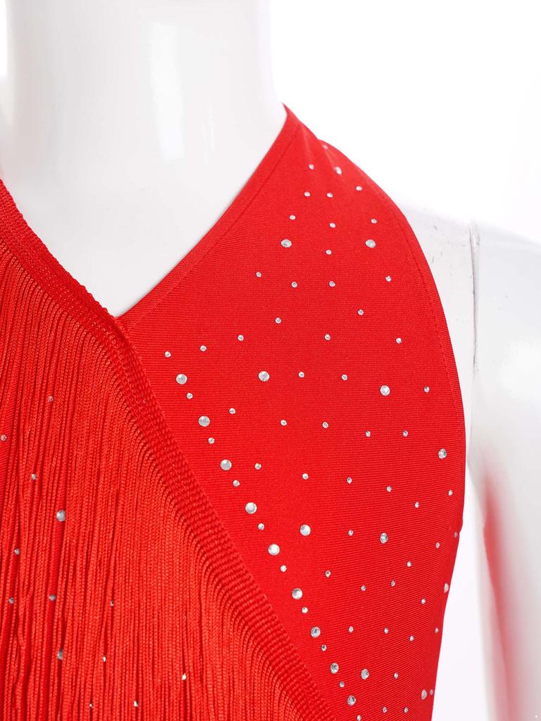 Костюм для латиноамериканских танцев для девочек, блестящие стразы, бахрома, боди, халтер, V-образный вырез, без рукавов, спинка на бретелях, кисточки, комбинезон