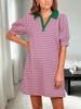 Womens Striped Polo T Shirt Dress V Neck Puff Sleeve Mini Dress with Pockets