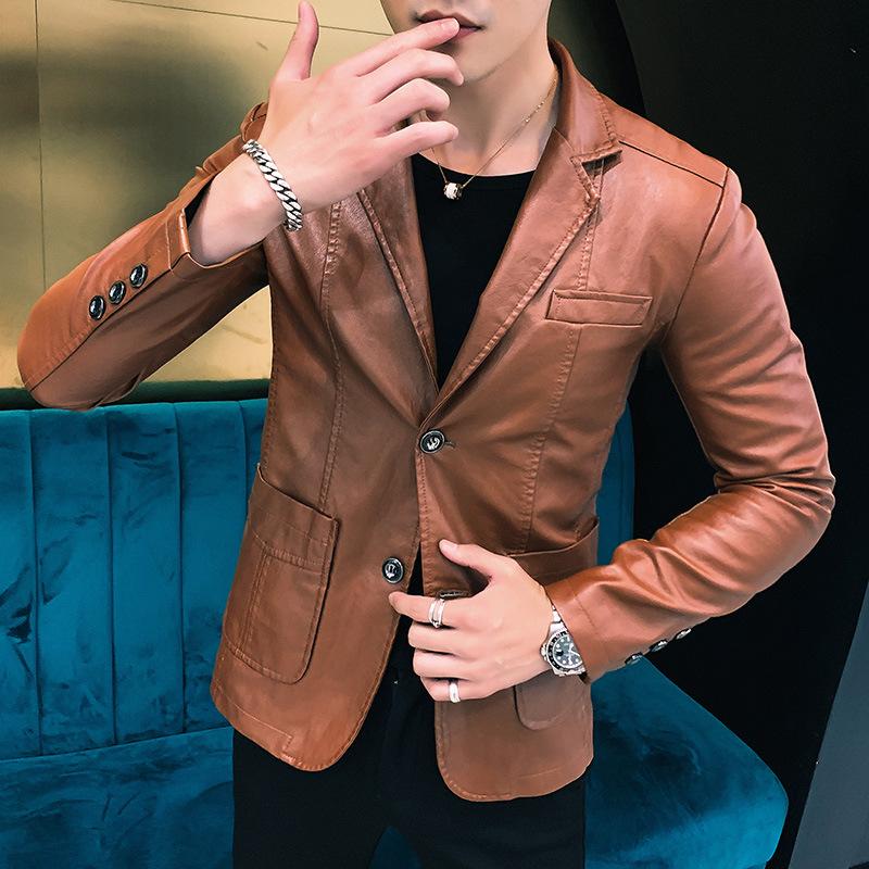 Осенняя мужская куртка из искусственной кожи, молодежная облегающая кожаная куртка с воротником, мужская деловая повседневная кожаная куртка, мужская куртка