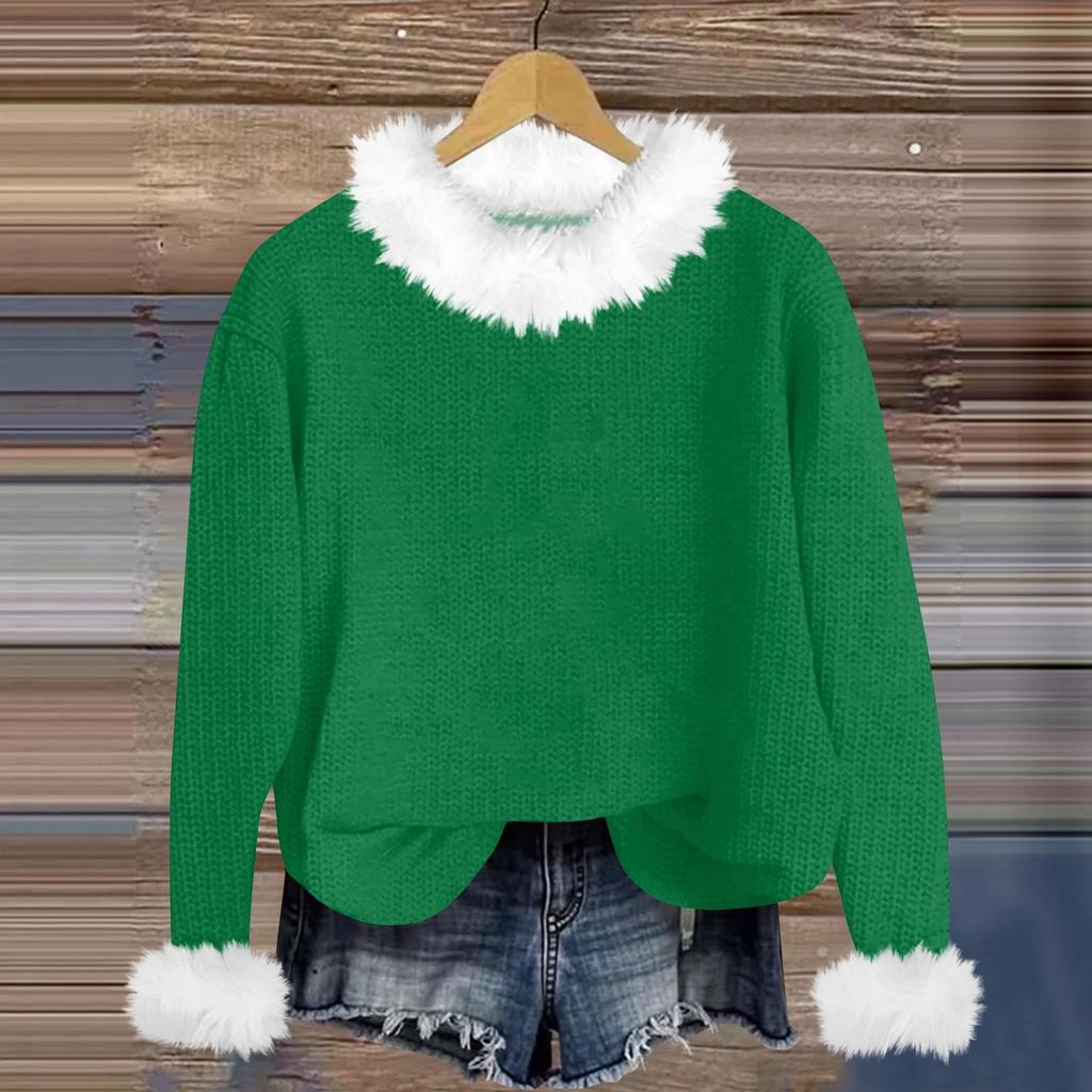 Свитшоты для женщин Вязаный свитер Милая рубашка Осенний круглый вырез Пуловер с меховым воротником Топы