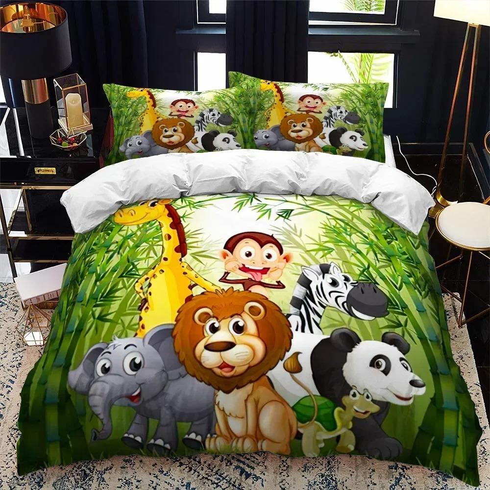 Cartoon Animal Duvet Cover King Queen Zoo Tiger Elephant Lion Bedding Set Kids Colorful Wildlife 2/3pcs Polyester Quilt Cover