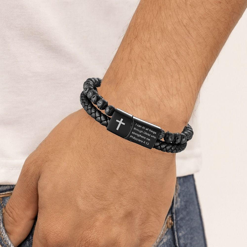 Leather Lava Rock Bead Bracelet Black Inspirational Quotes Bracelets  Husband