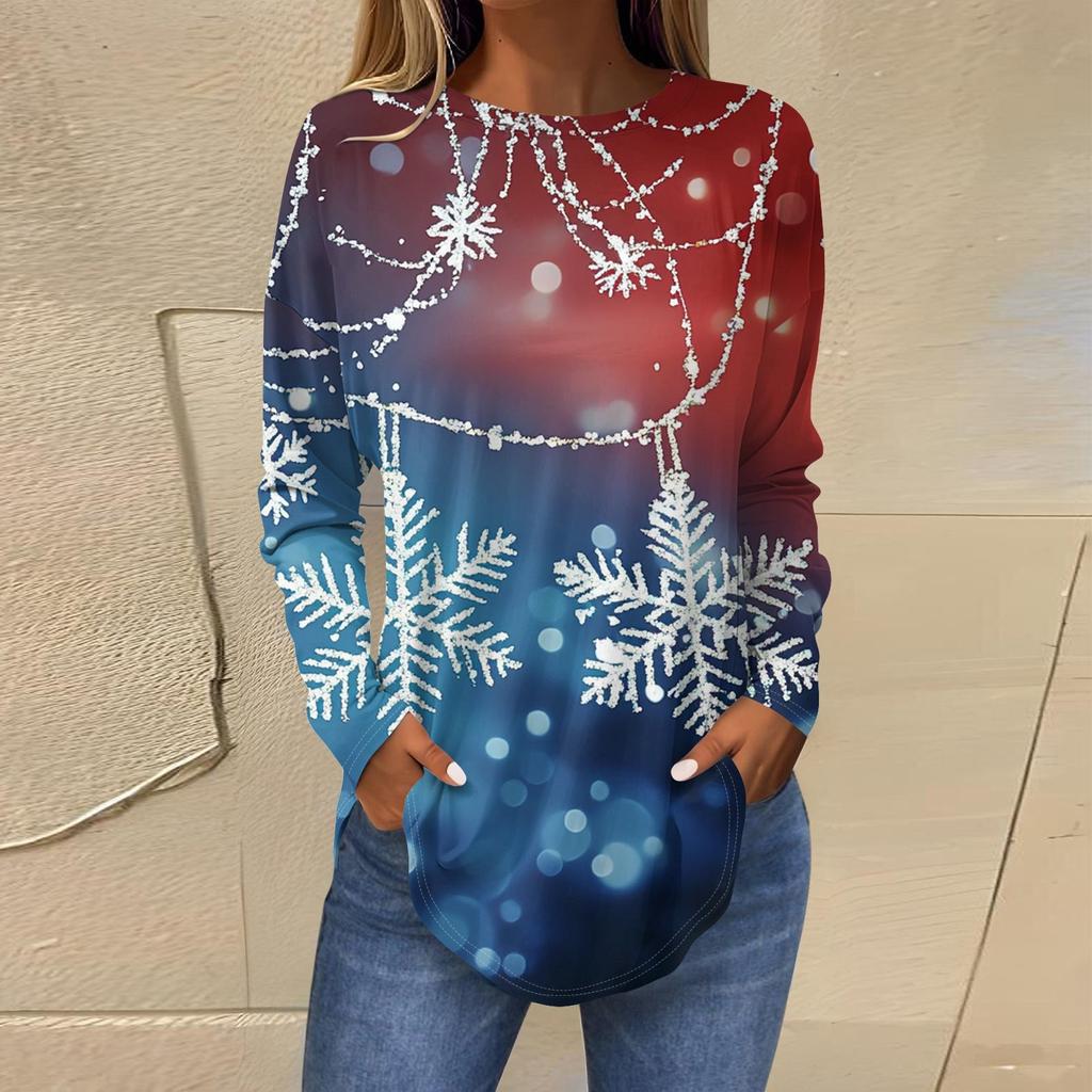 Женская свободная футболка с круглым вырезом и длинными рукавами с принтом в стиле ретро, пуловер на Рождество