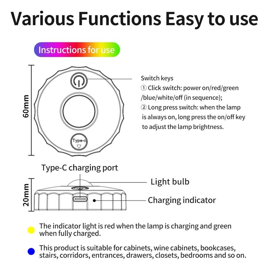 LED Cabinet Night Light USB Rechargeable Wireless Under Cabinet Lamp For Kitchen Bedroom Wardrobe Display Indoor Lighting