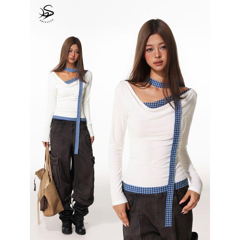 Shiyiyue Design-Inspired Plaid Patchwork Swing-Neck Long-Sleeve Women's Autumn Pure and Sexy Lace-Up Slim-Fit Base Shirt