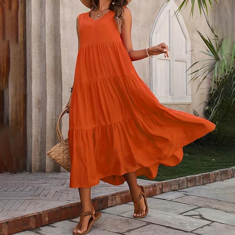2025 Women Dress Summer Casual Vacation Holiday Beach Long Dresses V-neck Loose Elegant Yellow Black RUFFLES Dress Femme
