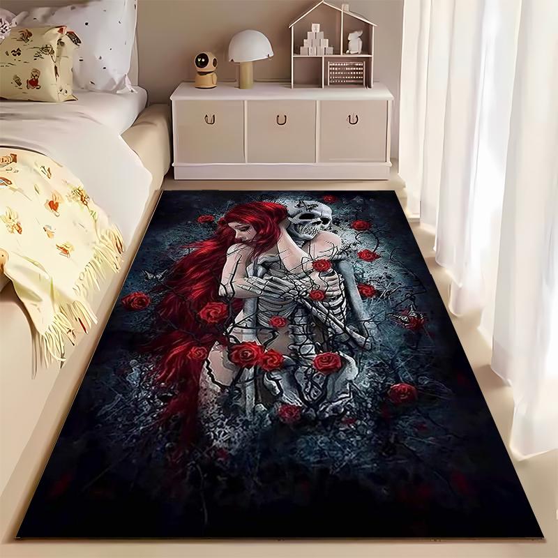 Gothic Skeleton Embrace with Red Roses Rug - Non-slip rug suitable for living room and bedroom sofas