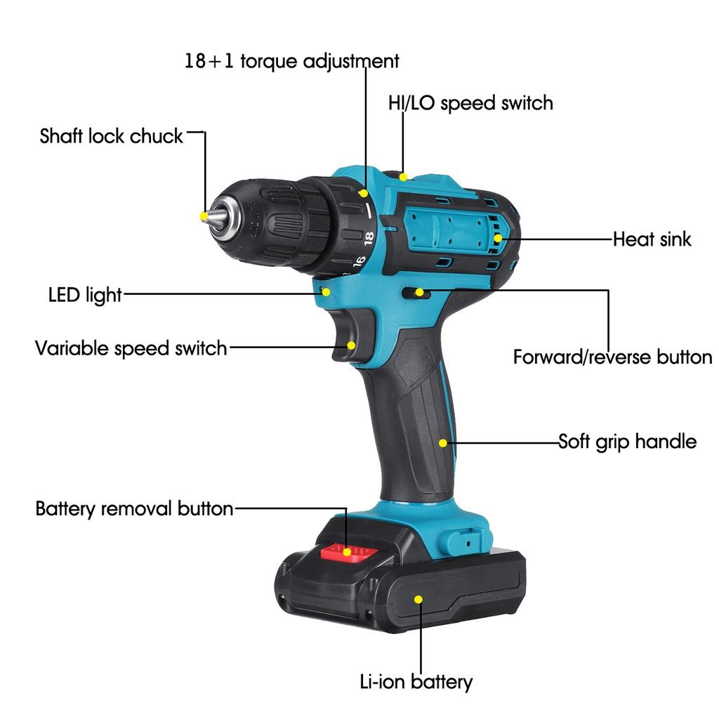 21V Cordless Electric Impact Drill Screwdriver 3 Functions Power Tools Lithium Battery Hand Drill with Box + Drill Bit Set