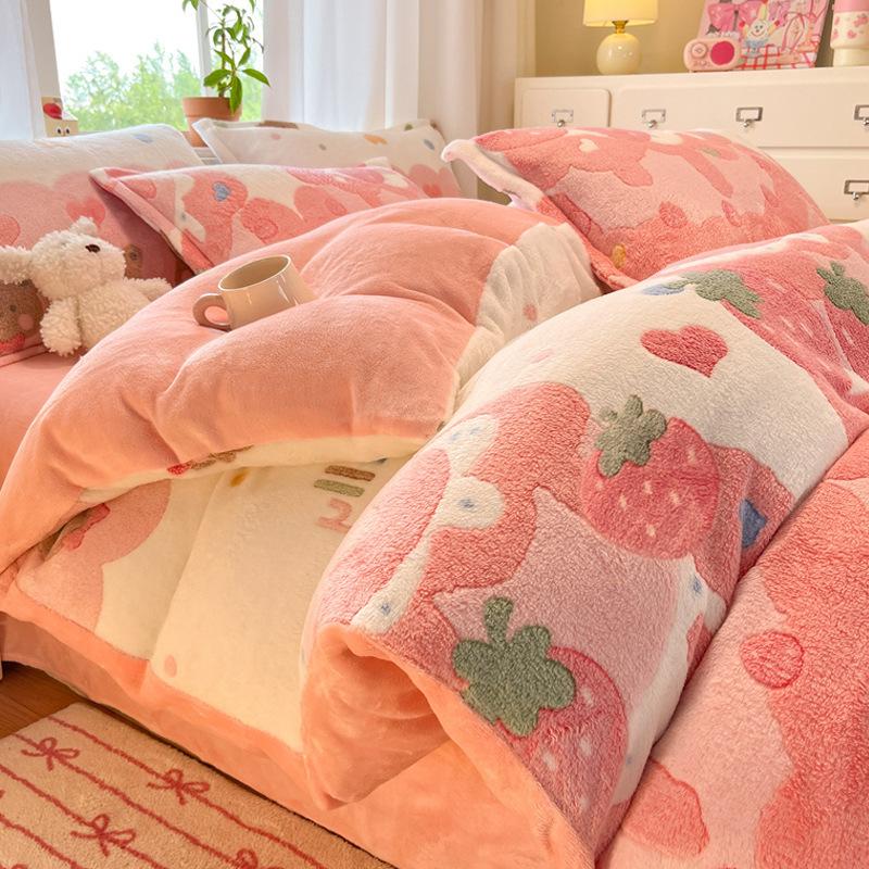 Snowflake Fleece Four-Piece Set, Thickened Milk Coral Fleece Quilt Cover, Double-Sided Fleece Quilt Cover, Bed Sheet, Bed Hat Three-Piece Set