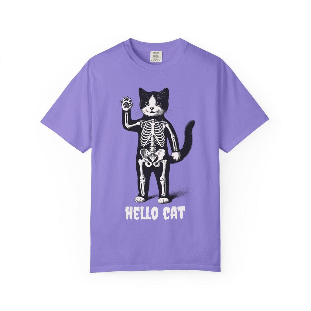 Hello Cat Skeleton Halloween T-Shirt: Funny Color Pop Graphic Tee