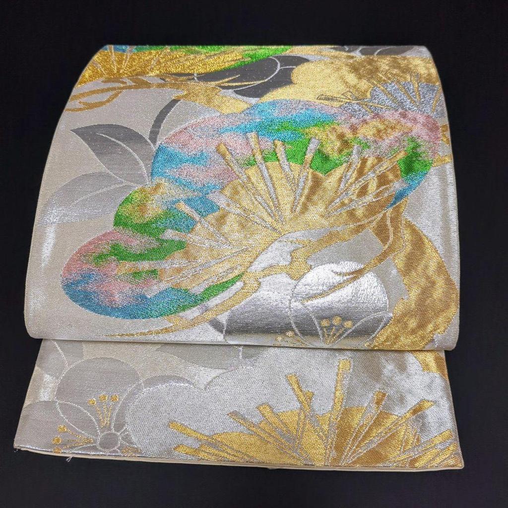 Used H-530 Fukuro Obi Pure Silk Six Pieces Gold Thread Silver Thread Pine Flower Pattern