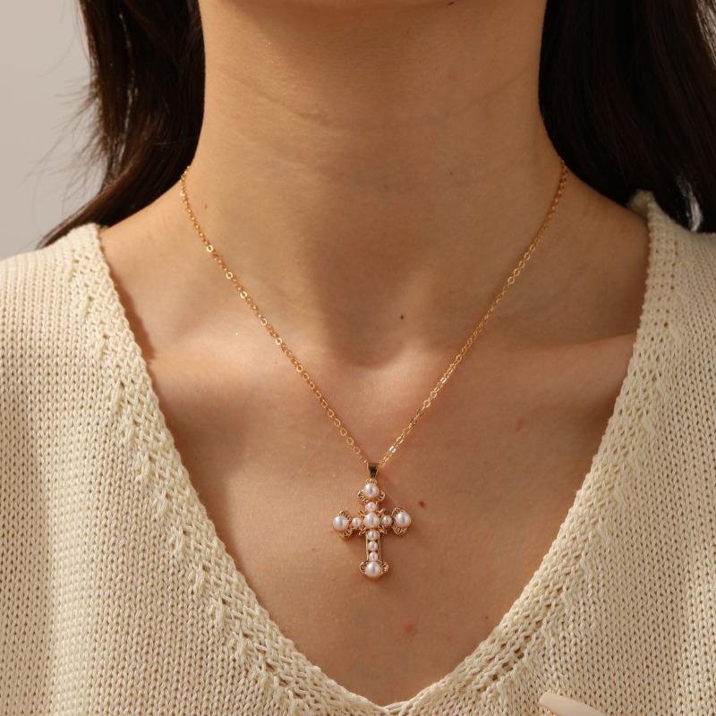Жемчужная подвеска-крест, ретро-ожерелье, женское нишевое ожерелье-цепочка для свитера в стиле легкой роскоши