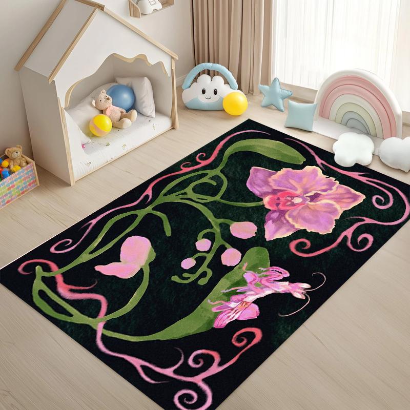 European American Style Nature Art Floral Rug, Orchid Mantis Botanical Non-Slip Entry Rug, Living Room Decor Carpet Bedroom