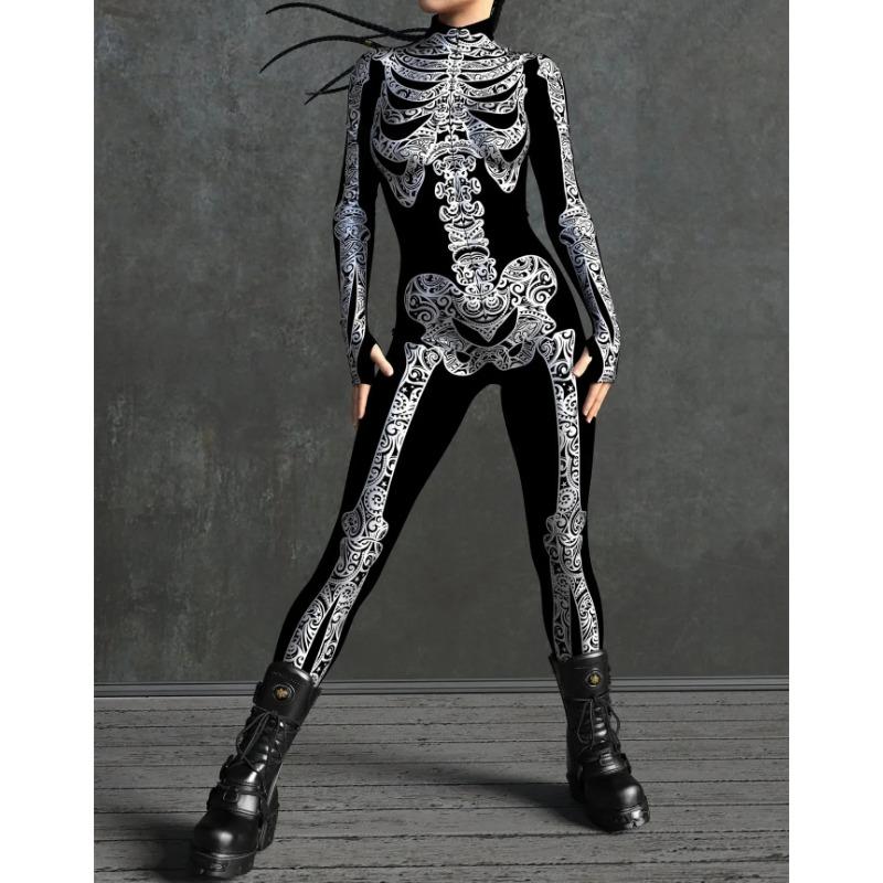 Женский комбинезон с 3D-принтом и черепом, комбинезон с застежкой-молнией спереди, боди Zentai, игровой костюм для вечеринки, женский костюм для косплея, монокини Mujer
