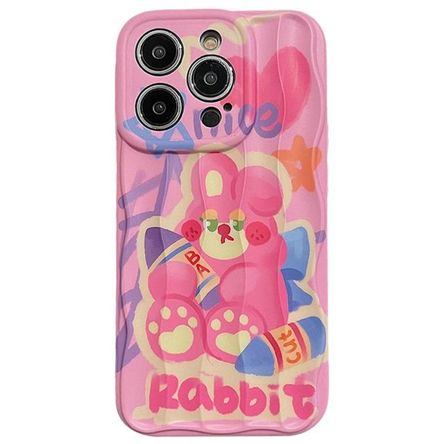 Ins Oil Painting Graffiti Bear Rabbit Case For Iphone 13 11 14 12 Pro Max 14 Plus Soft Imd Water Ripple Back Cover