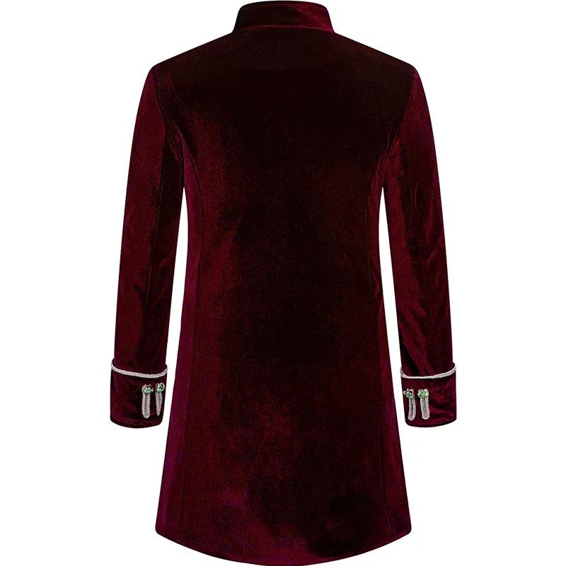 Men Steampunk Gothic Victorian Jacket Vintage Wine Red Velvet Tailcoat Medieval Frock Coat Uniform Party Halloween Costume Homme