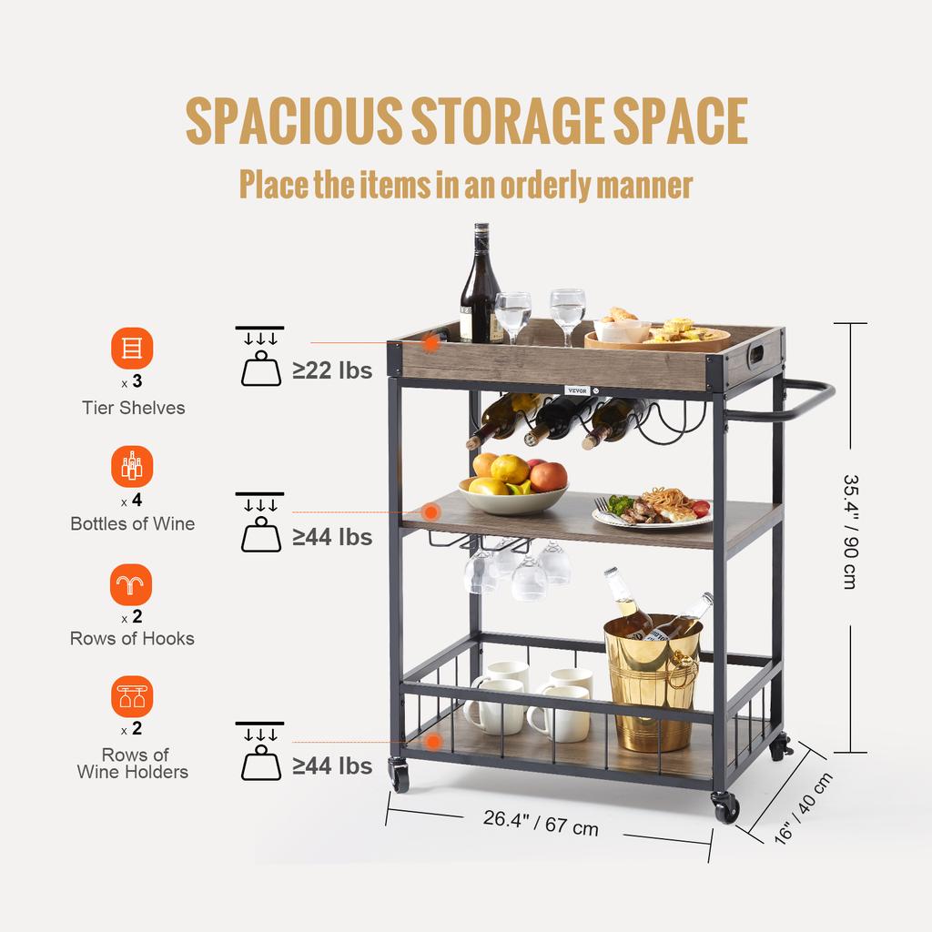 VEVOR 3-Tier Bar Wine Rack Cart Kitchen Food Truck On Wheels Vintage Mobile Serving Trolley w/MDF Board Steel Frame 110/300lbs