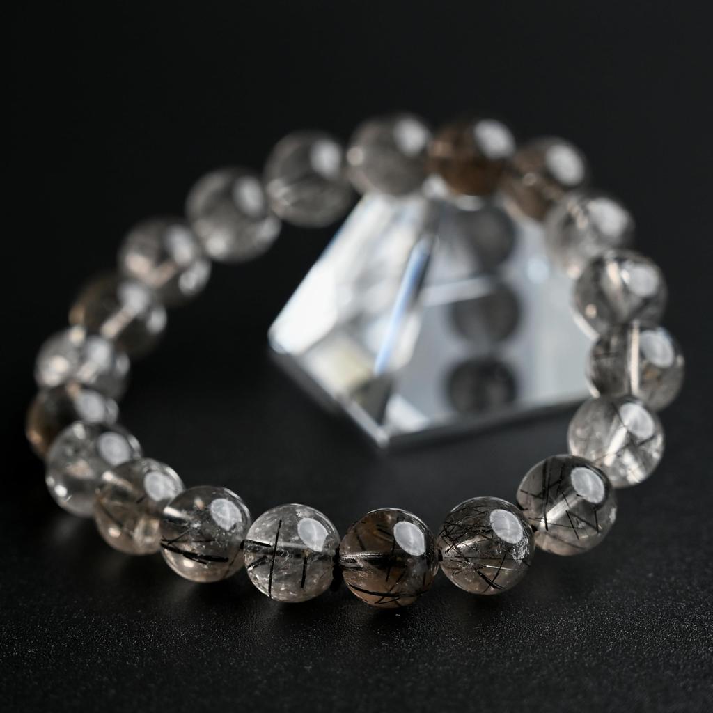 Черный Дымчатый Кварц с Рутилом Браслет Турмалин на запястье 16 см Лимитированный Натуральная Сила Молитва Удача Фэн-шуй [Eigado] (Черный кварц), Камень 9,5 мм,