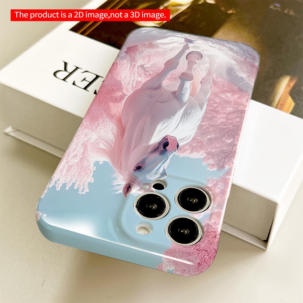 2DFlat White Horse in Pink Forest Path All inclusive film hard phone case, compatible with iPhone 18 Pro Max 17 16 15 14 13 12 11