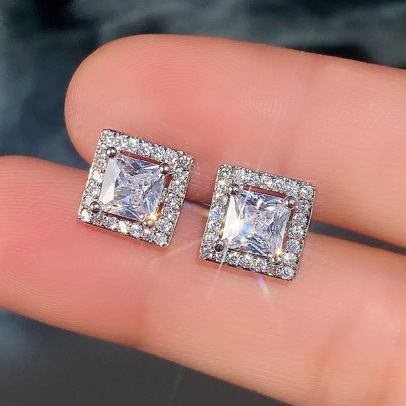 Huitan Luxury Princess Cut CZ Stud Earrings Color Accessories for Lady's Vintage Party Elegant Versatile Women Earrings