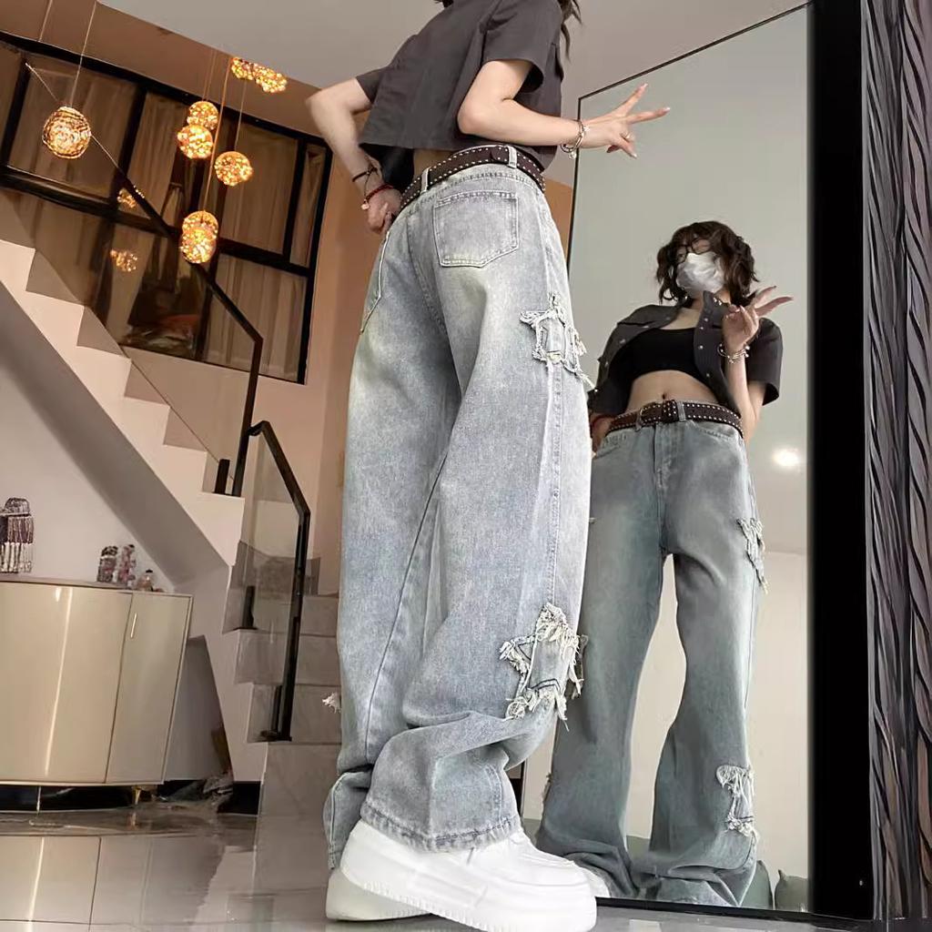 Ретро Звезда Синие джинсы Женские Корейские Ins Высокая талия Прямые Широкие Брюки Tide Мешковатые Джинсы Женские