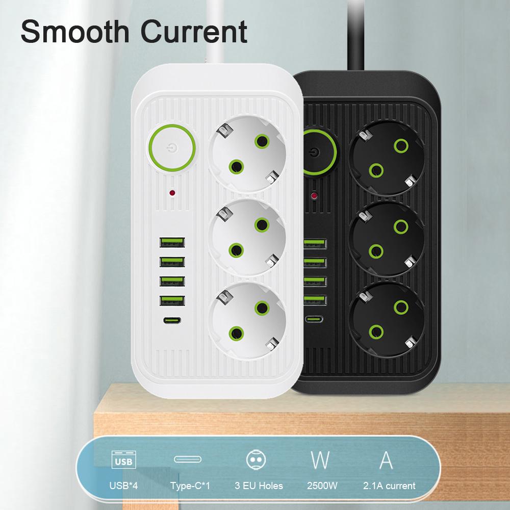 2 м розетки переменного тока с европейской вилкой, удлинитель с несколькими ответвлениями, удлинитель с USB-адаптером типа C для быстрой зарядки и сетевым фильтром