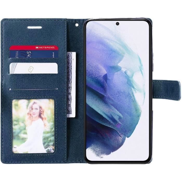 Coque pour Samsung Galaxy S21 Bleu Marine Antichoc avec Rangement Billet Cuir PU Souple