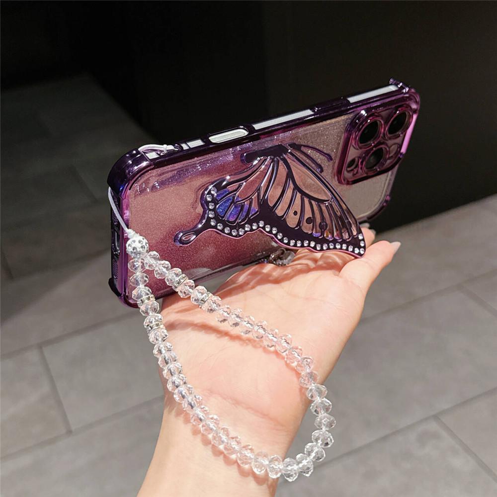 Противоударный чехол-подставка с блестками и бабочкой для Xiaomi Redmi Note 14S 13 14 Pro Plus с кристальной цепочкой
