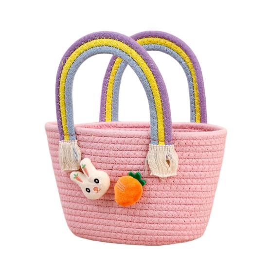 Easter Woven Basket with Handle Cotton Woven Bunny Egg Hunt Basket with Rabbit And Carrot Empty Easter Treat Bag for Gifts Candy