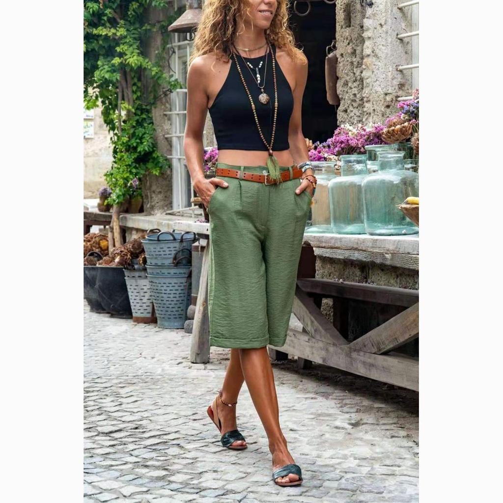 Women's Summer Knee-length Shorts Mid-rise Pockets Straight Wide Leg Shorts